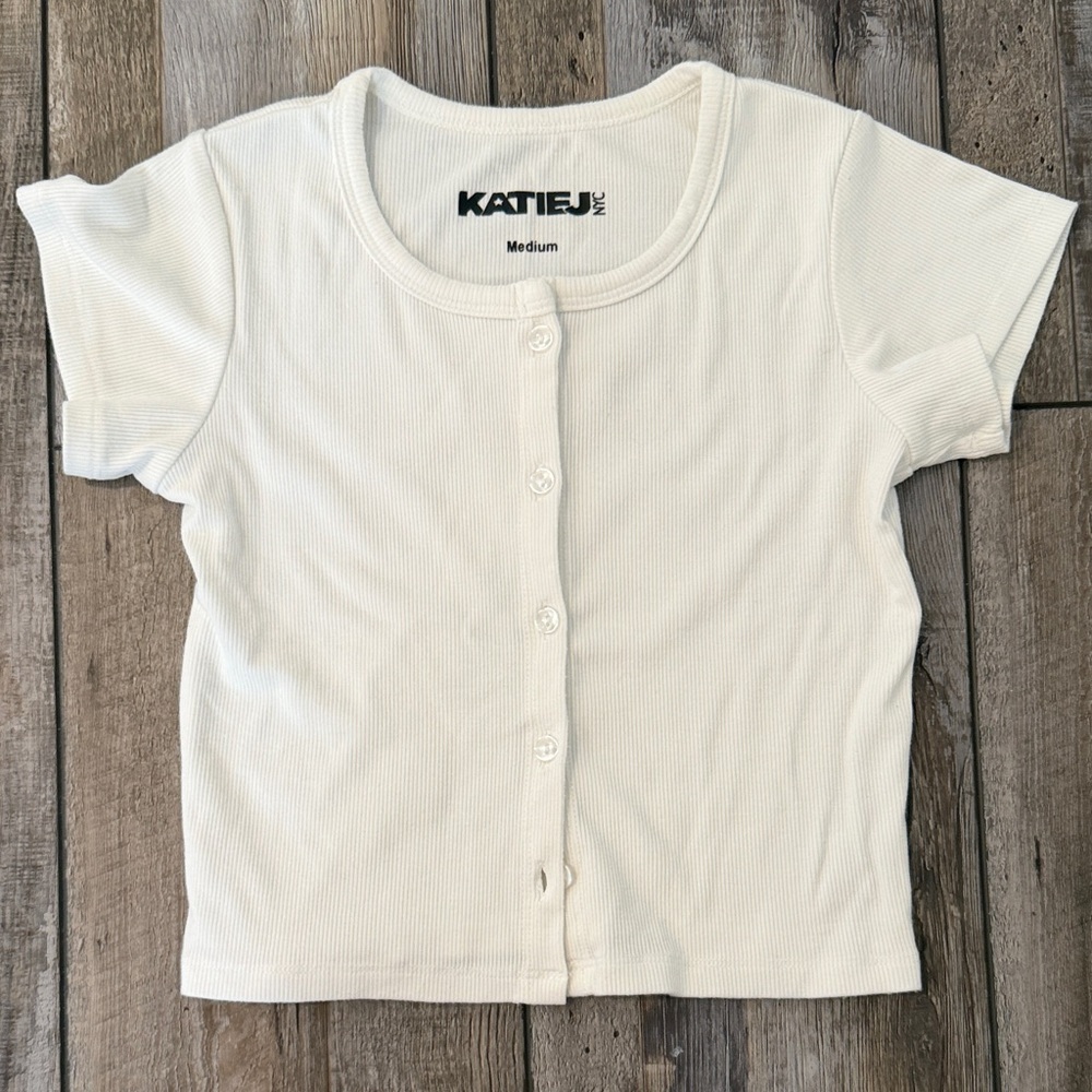 Katie J NYC Girls White Cropped Ribbed Button-Front Top